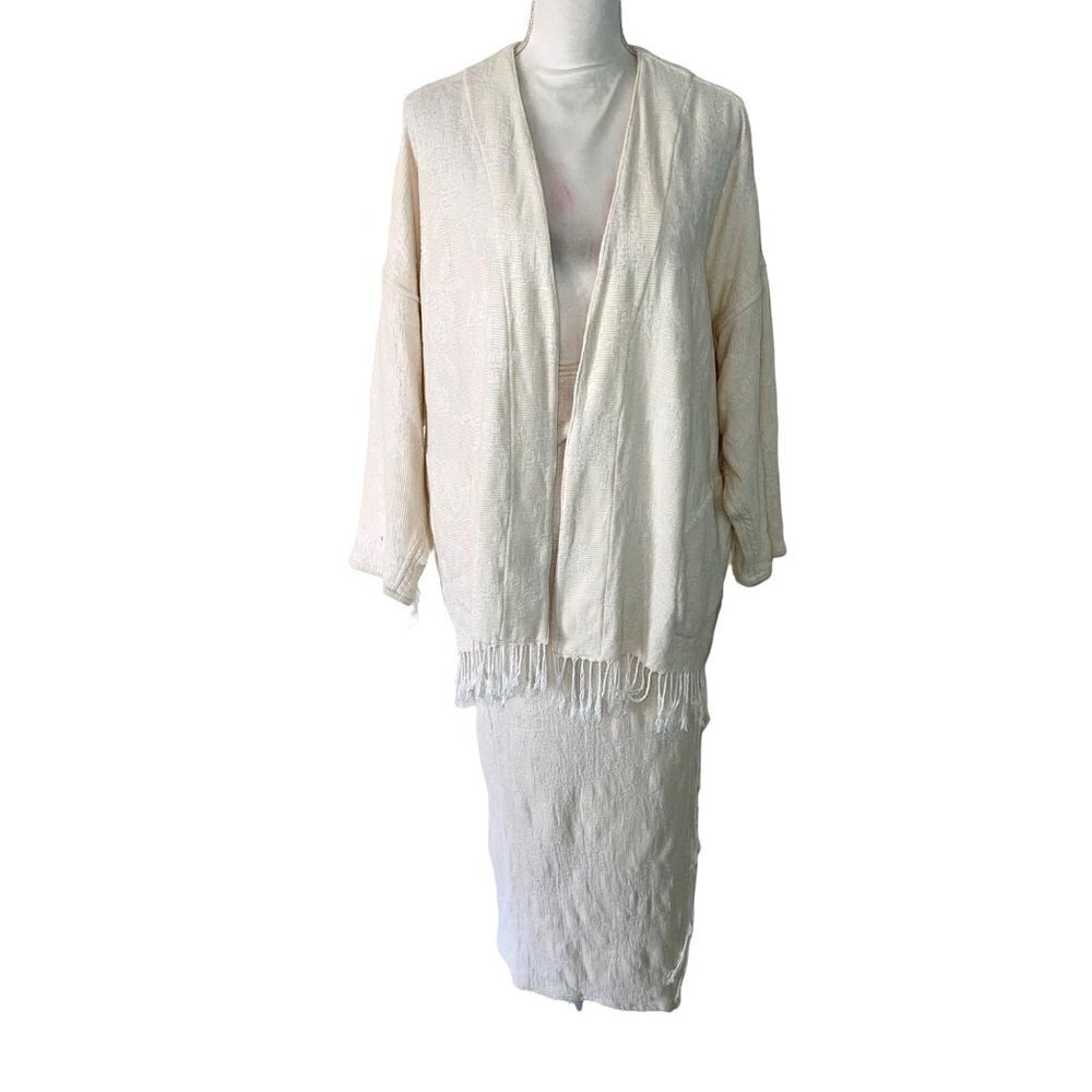 W Fringe Jacket Skirt Set Womens Viscose Cotton Pockets Open Front Wrap Style